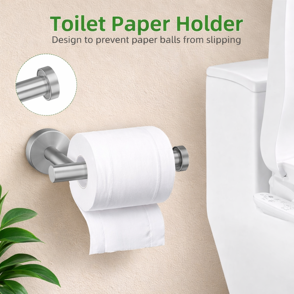 Modern wall-mounted toilet paper holder with anti-slip design in a contemporary bathroom