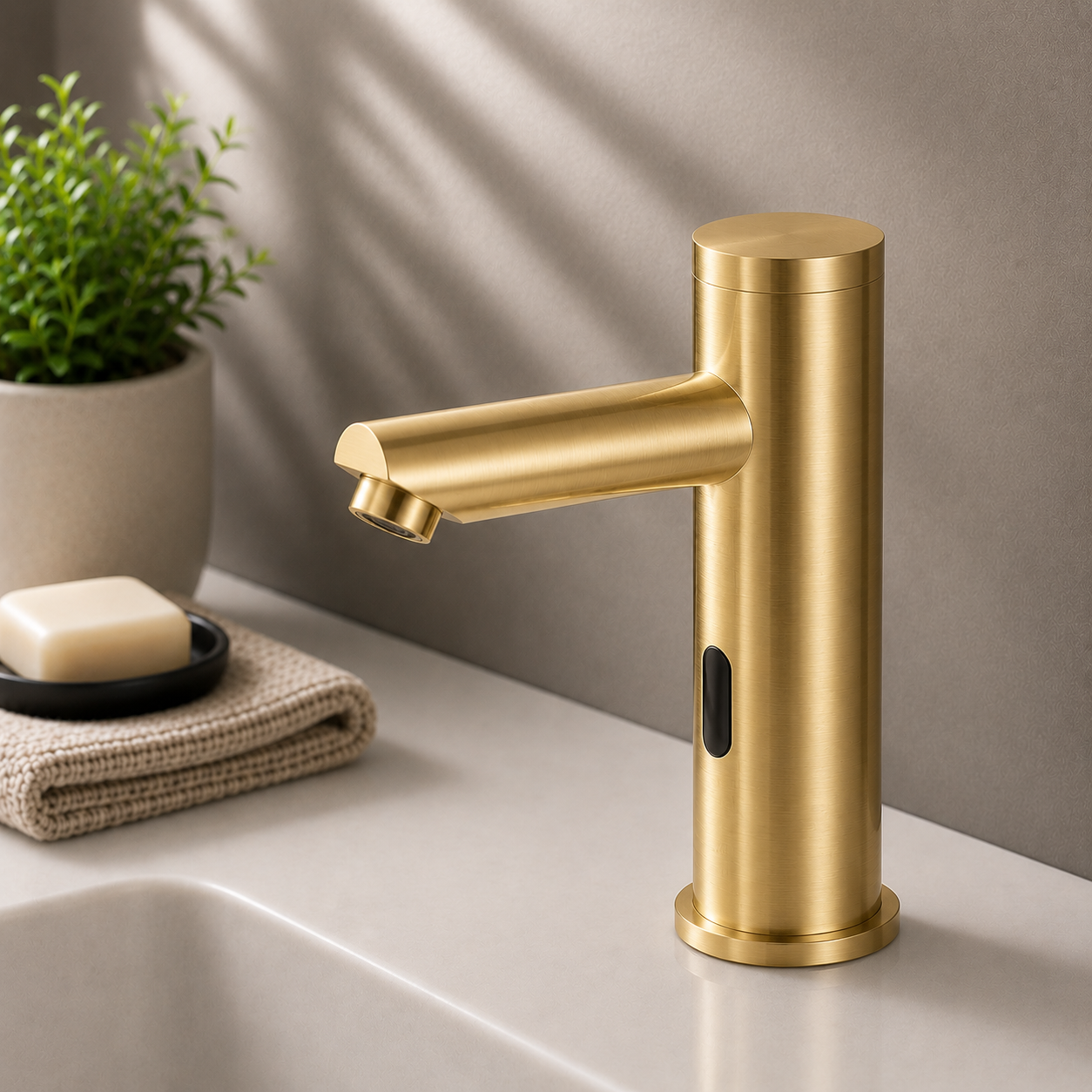 MAX Faucets hot and cold touchless bathroom faucet with thermostatic valve control in brushed gold finish