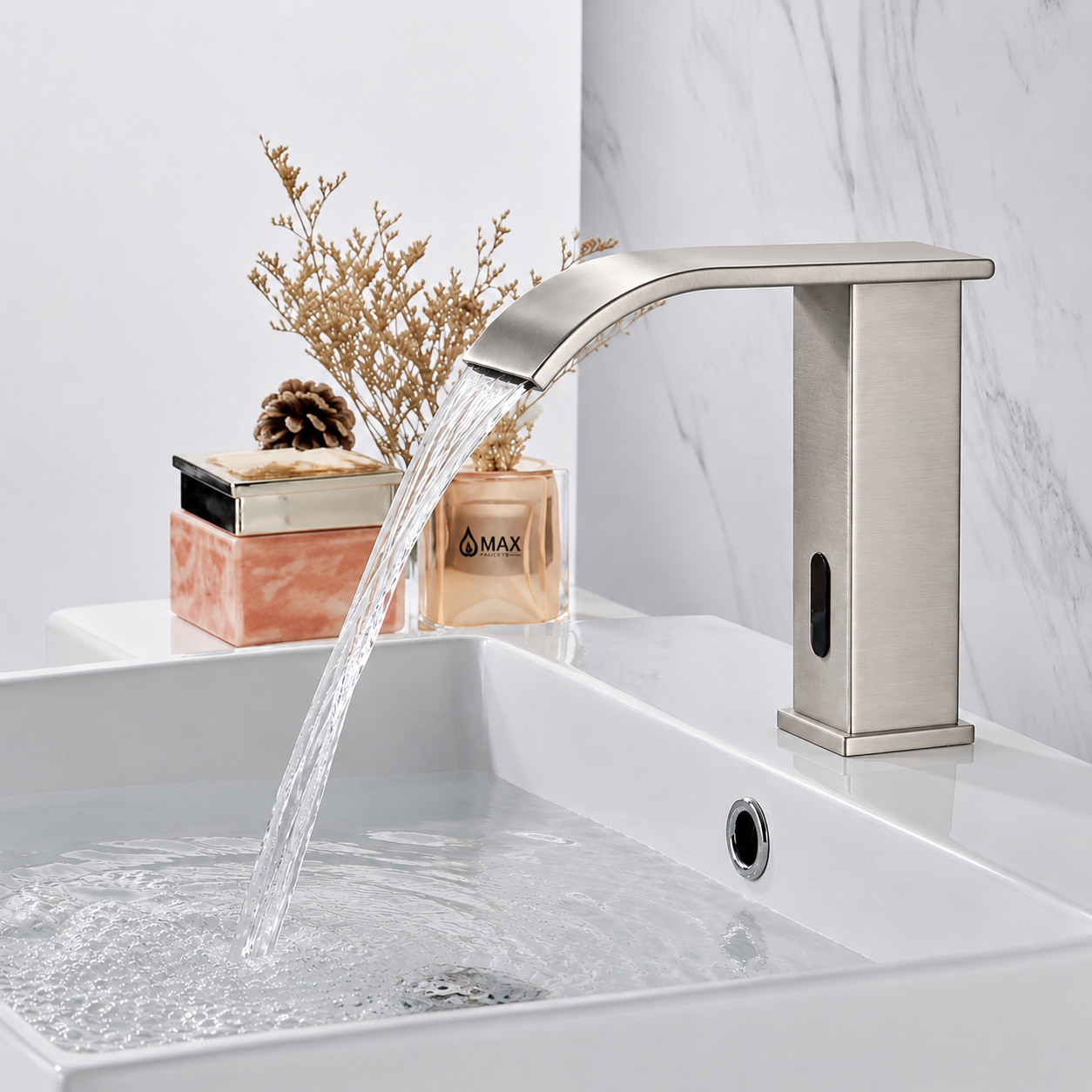 MAX Faucets Touchless Bathroom Faucet in Brushed Nickel with Thermostatic Valve and Automatic Motion Sensor