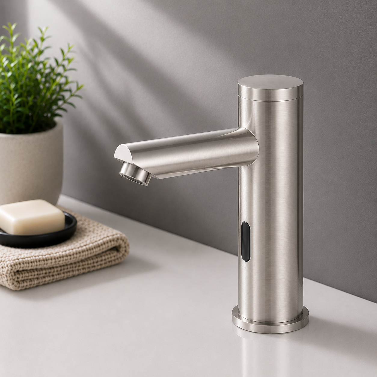 MAX Faucets hot and cold touchless bathroom faucet with thermostatic valve control in brushed nickel finish