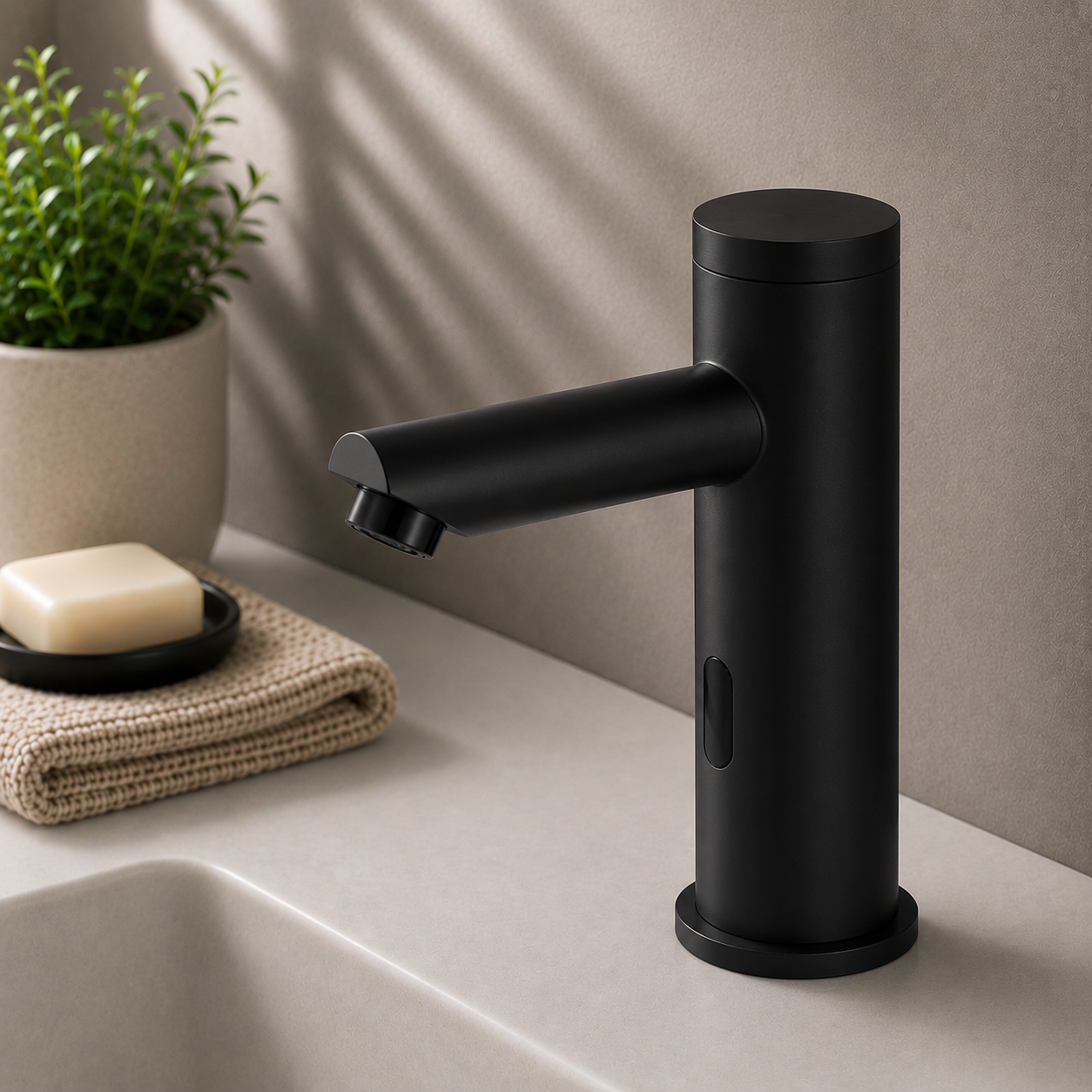 MAX Faucets hot and cold touchless bathroom faucet with thermostatic valve control in matte black finish