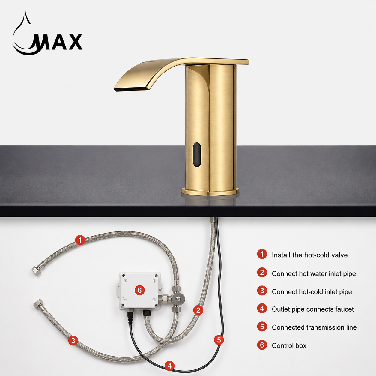 MAX Faucets Touchless Bathroom Faucet Installation Kit with Thermostatic Valve and Control Box in Brushed Gold