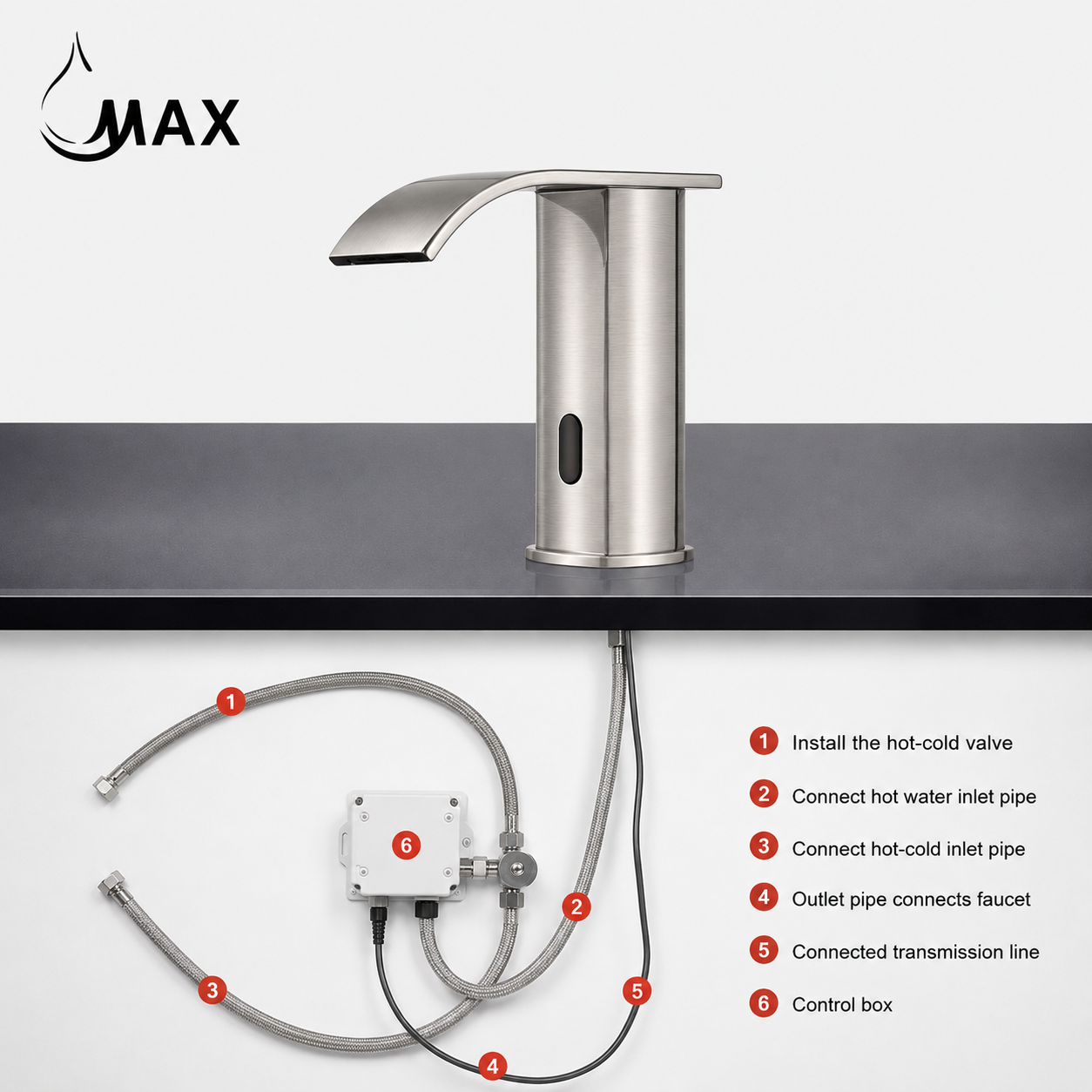 MAX Faucets Touchless Bathroom Faucet Installation Kit with Thermostatic Valve and Control Box in Brushed Nickel
