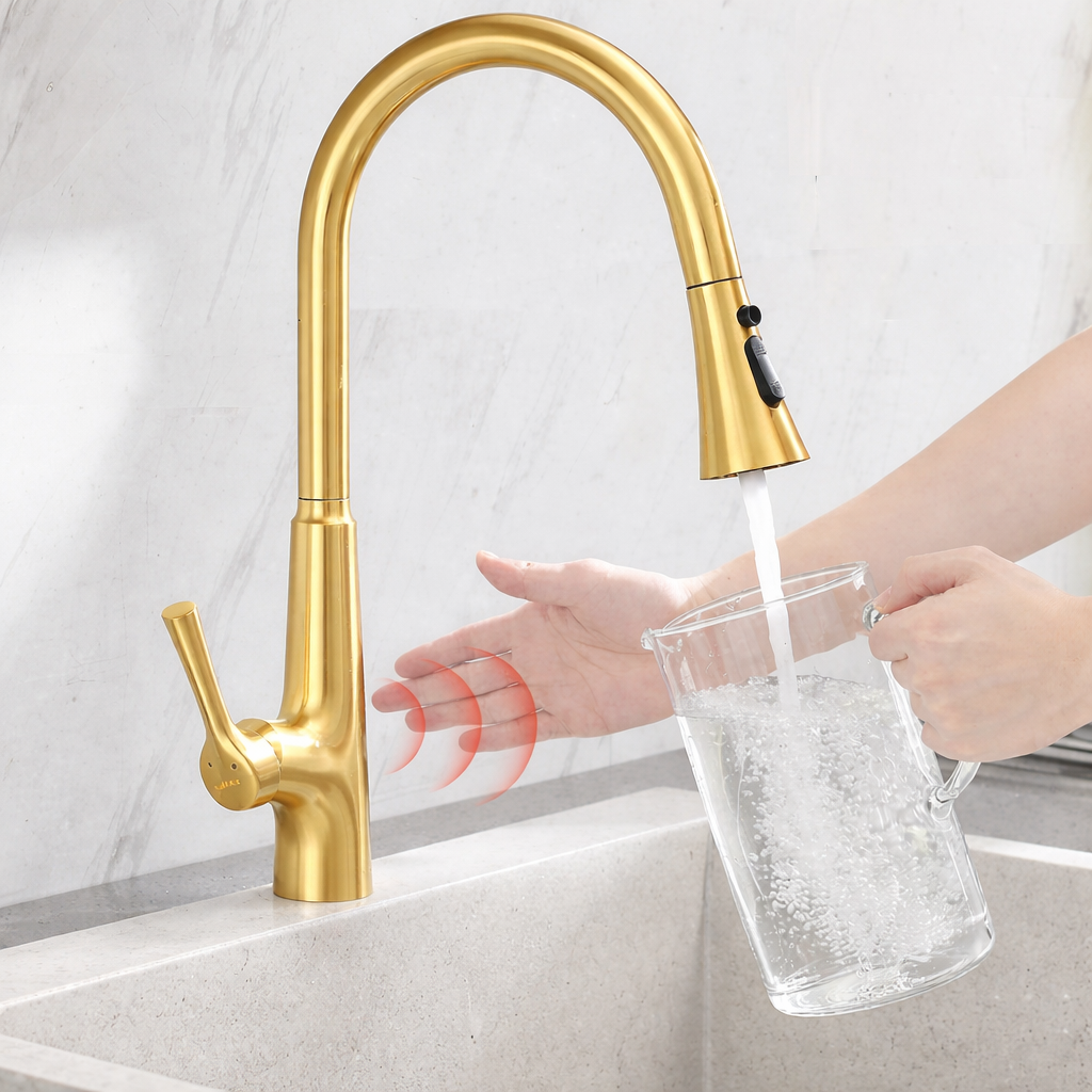 MAX Faucets Touchless Kitchen Faucet in Brushed Gold with 17.75-inch High Arc Spout and Pull-Out Spray