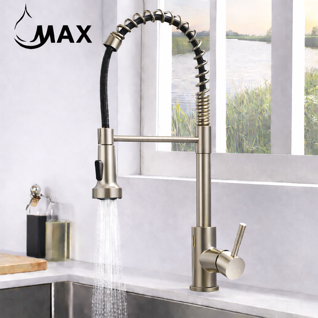 MAX Faucets Touchless Kitchen Faucet in Brushed Nickel with 19.5-inch High Arc Spring Spout and Pull-Out Sprayer