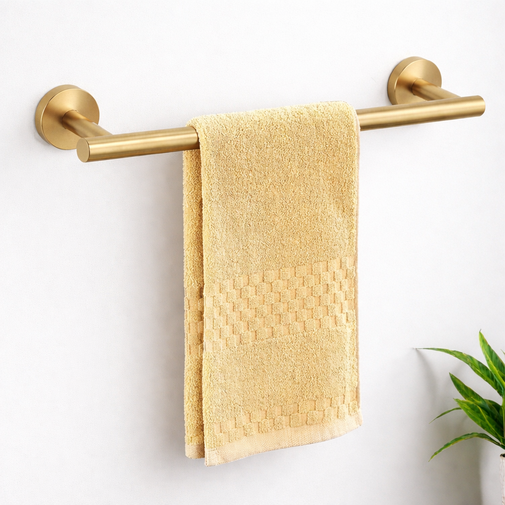 Brushed gold bathroom accessories set dimensions including towel bar, towel ring, hooks, and toilet paper holder