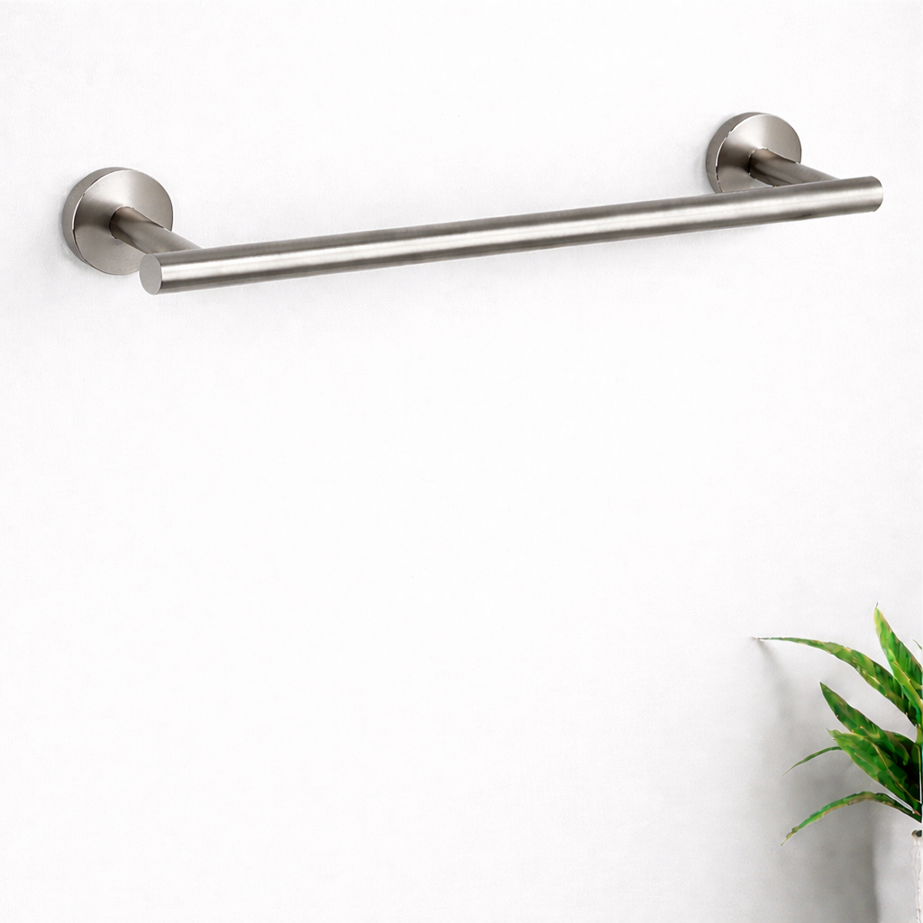 Minimalist brushed nickel towel bar mounted on a clean white wall with modern design