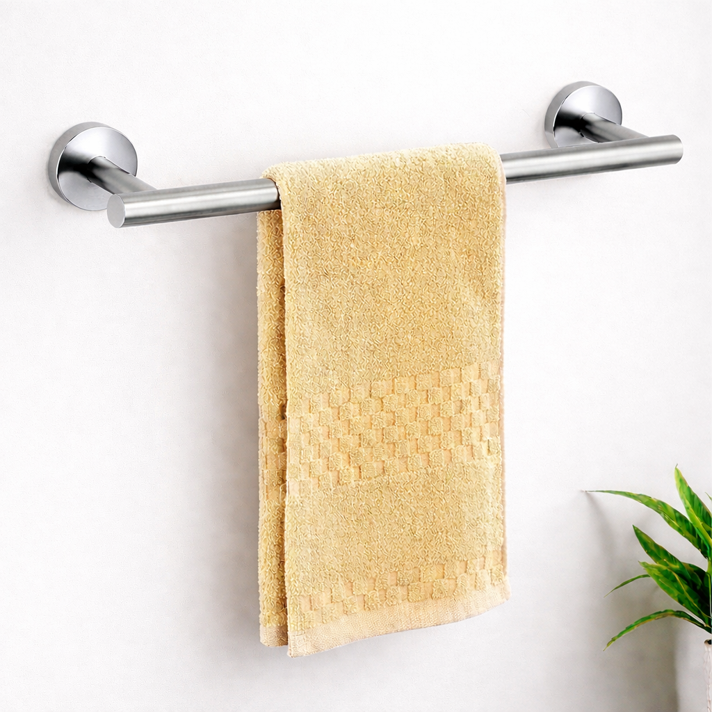 Modern chrome bathroom accessories set by MAX Faucets including towel bar, towel ring, toilet paper holder, and robe hooks