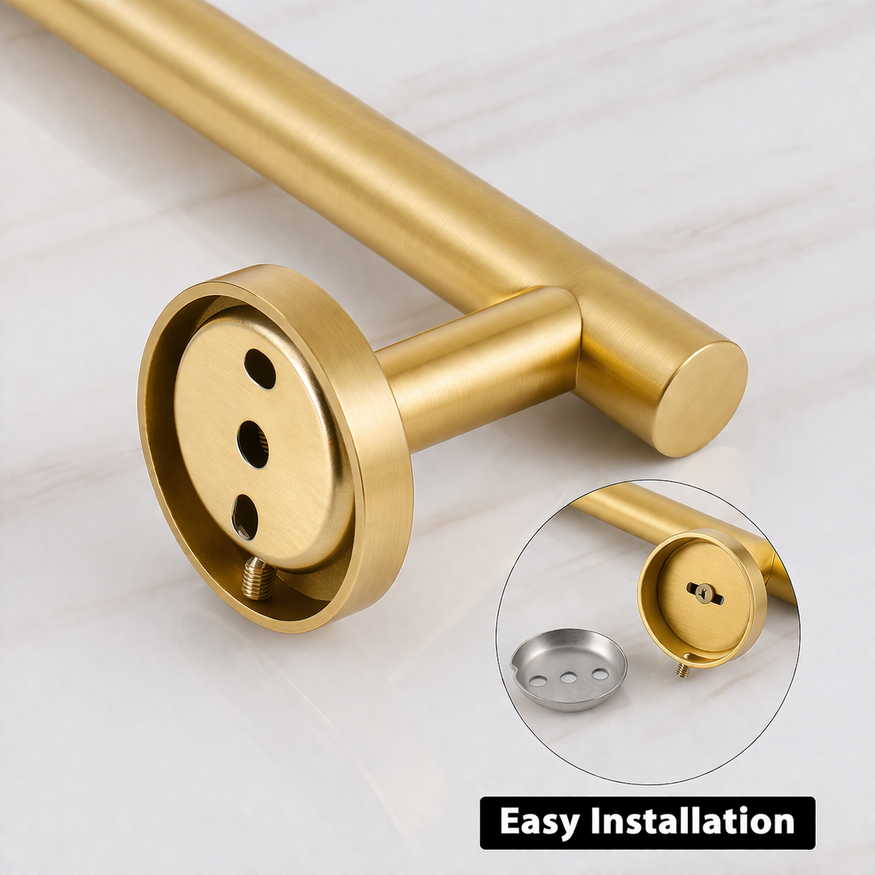Close-up of brushed gold towel bar mounting bracket showing easy installation hardware and fixing plate