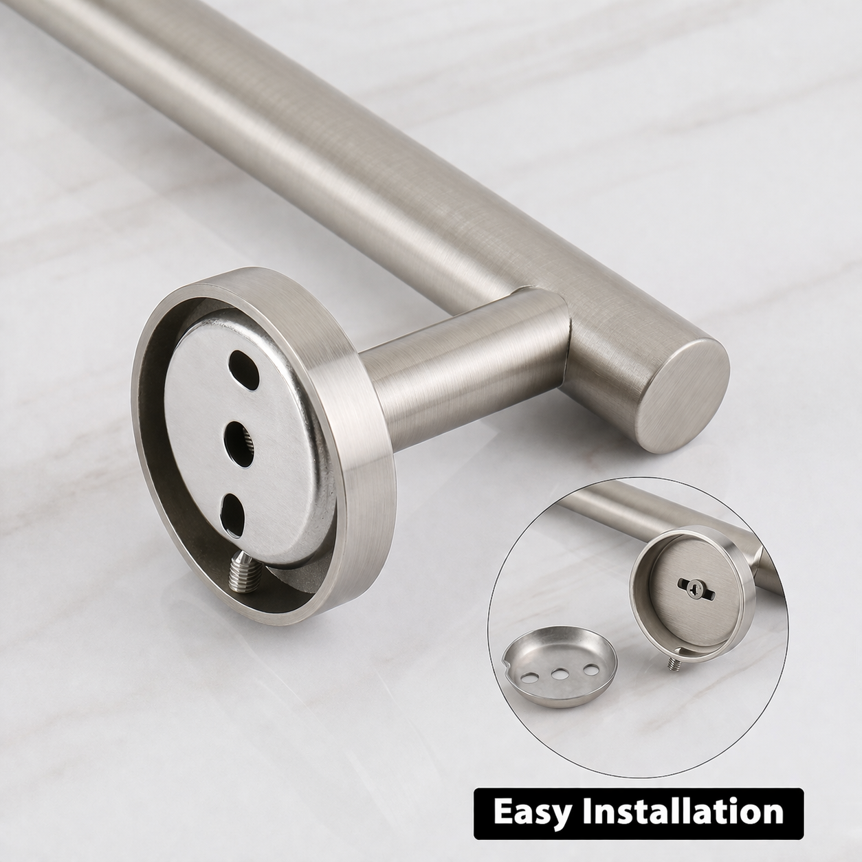 Close-up of brushed nickel towel bar mounting bracket showing easy installation hardware and fixing plate