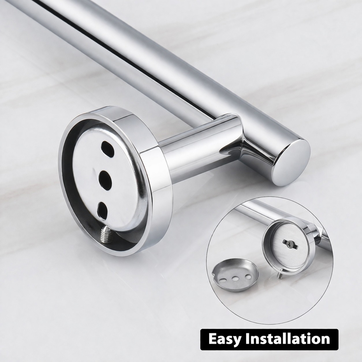 Close-up of chrome towel bar mounting bracket showing easy installation hardware and fixing plate