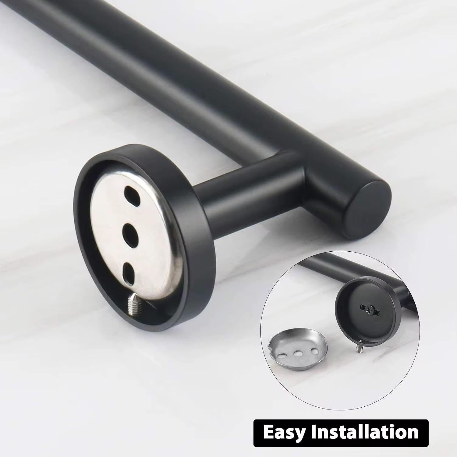 Close-up of matte black towel bar mounting bracket showing easy installation hardware and fixing plate