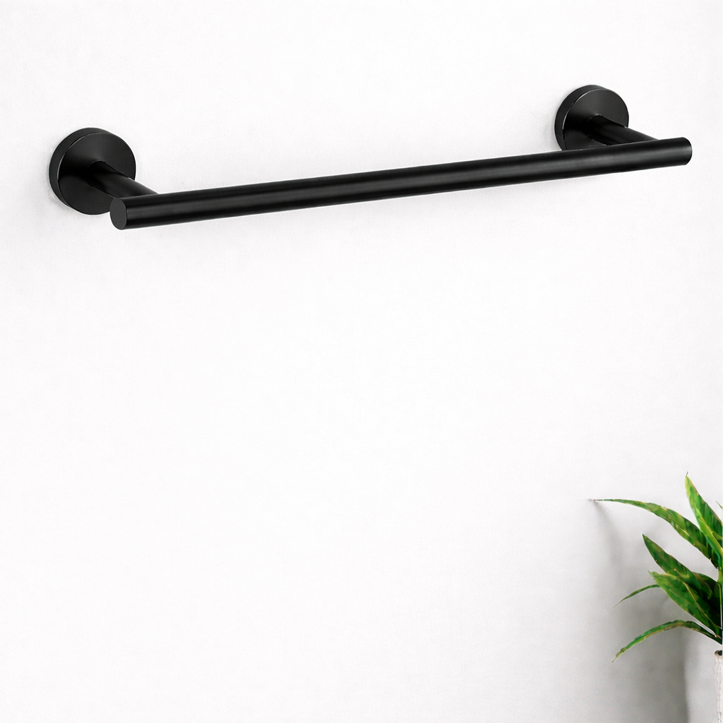 Minimalist matte black towel bar mounted on marble bathroom wall