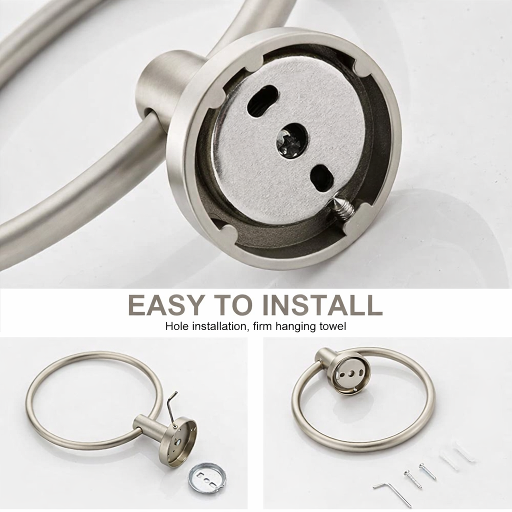 Close-up of brushed nickel towel ring mounting hardware showing easy wall installation system