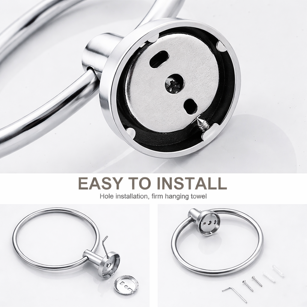 Easy installation chrome towel ring with mounting hardware and wall bracket system