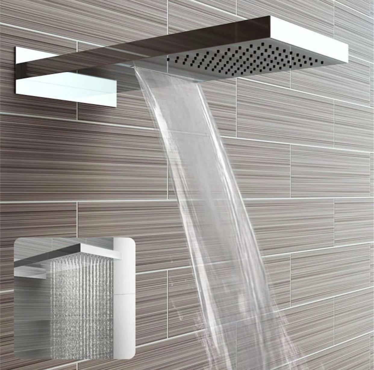 Wall-mounted 22-inch square chrome shower head by MAX Faucets in a modern bathroom