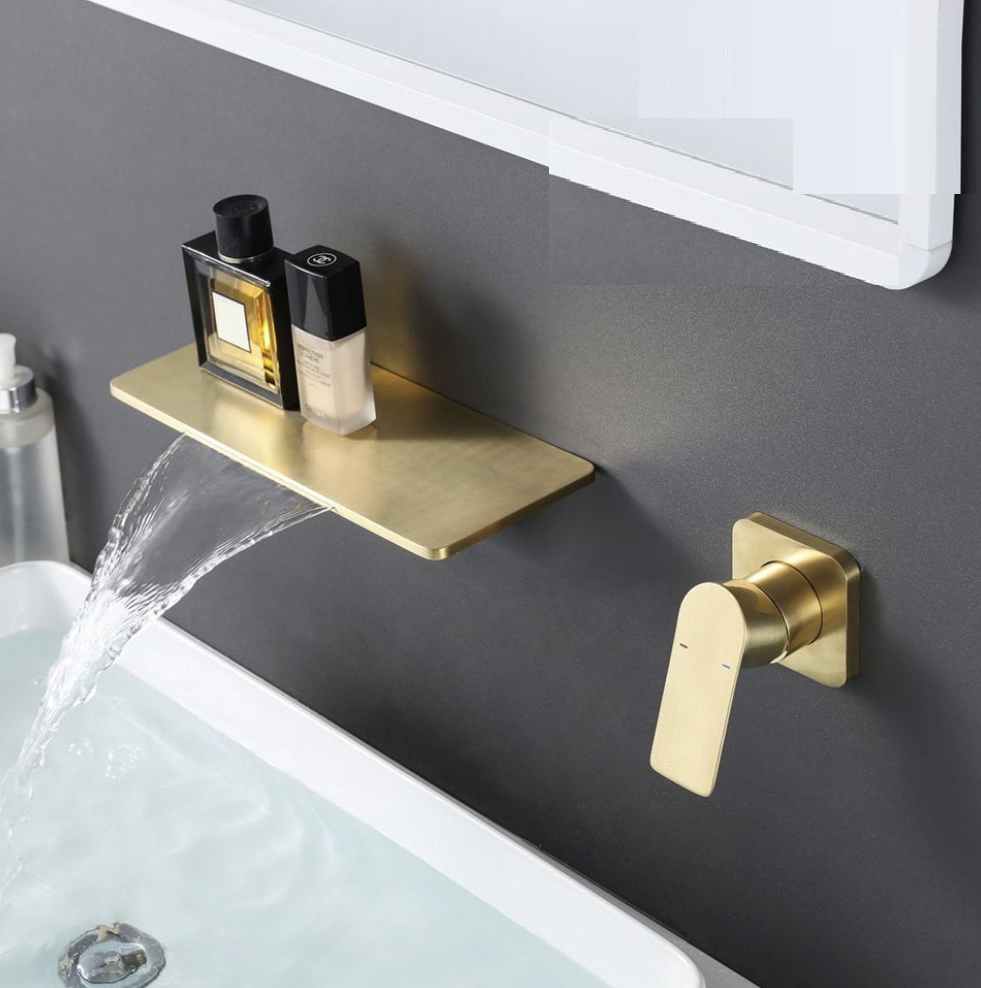Wall mounted waterfall bathroom faucet in brushed gold finish by MAX Faucets