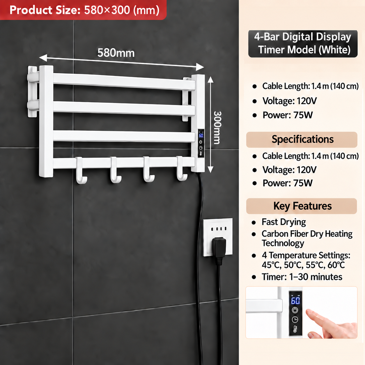 MAX Faucets white 4-bar electric towel warmer with touch controls, digital display, hanging hooks, four temperature settings and a 1–30 minute timer.