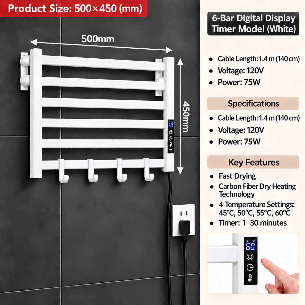 White 6-bar digital display towel heater with hanging hooks, shown mounted on a dark tiled wall with product dimensions, specifications, and feature callouts.