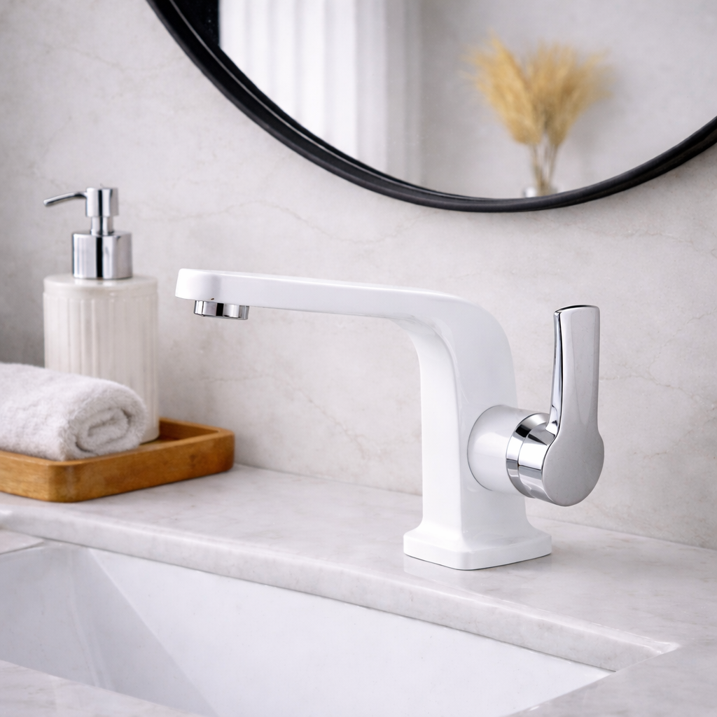 MAX Faucets white and chrome bathroom faucet with modern side handle
