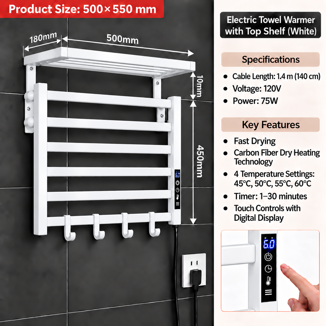 White electric towel warmer with a top shelf and four hanging hooks, shown mounted on a dark tiled wall with overlaid dimensions, specifications, and a small inset of the touch control display.