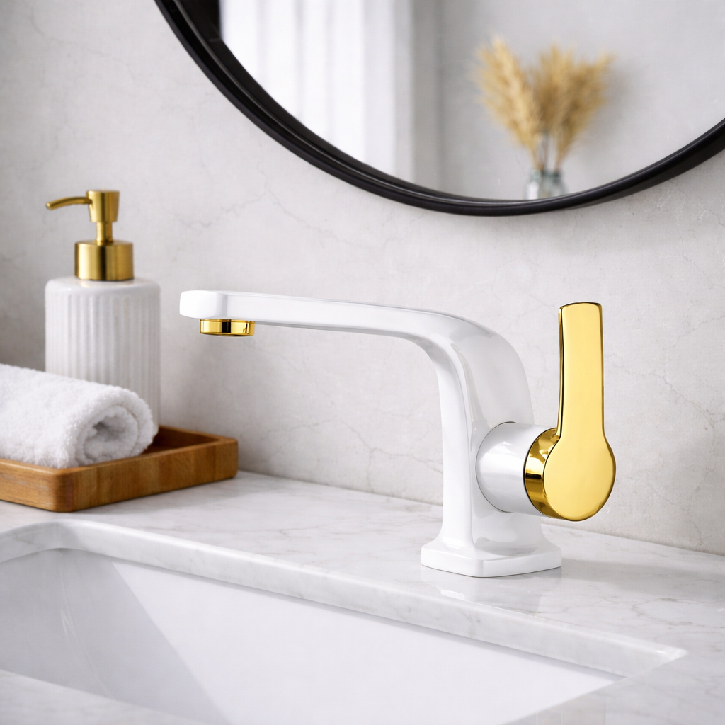 MAX Faucets white and shiny gold bathroom faucet with modern side handle