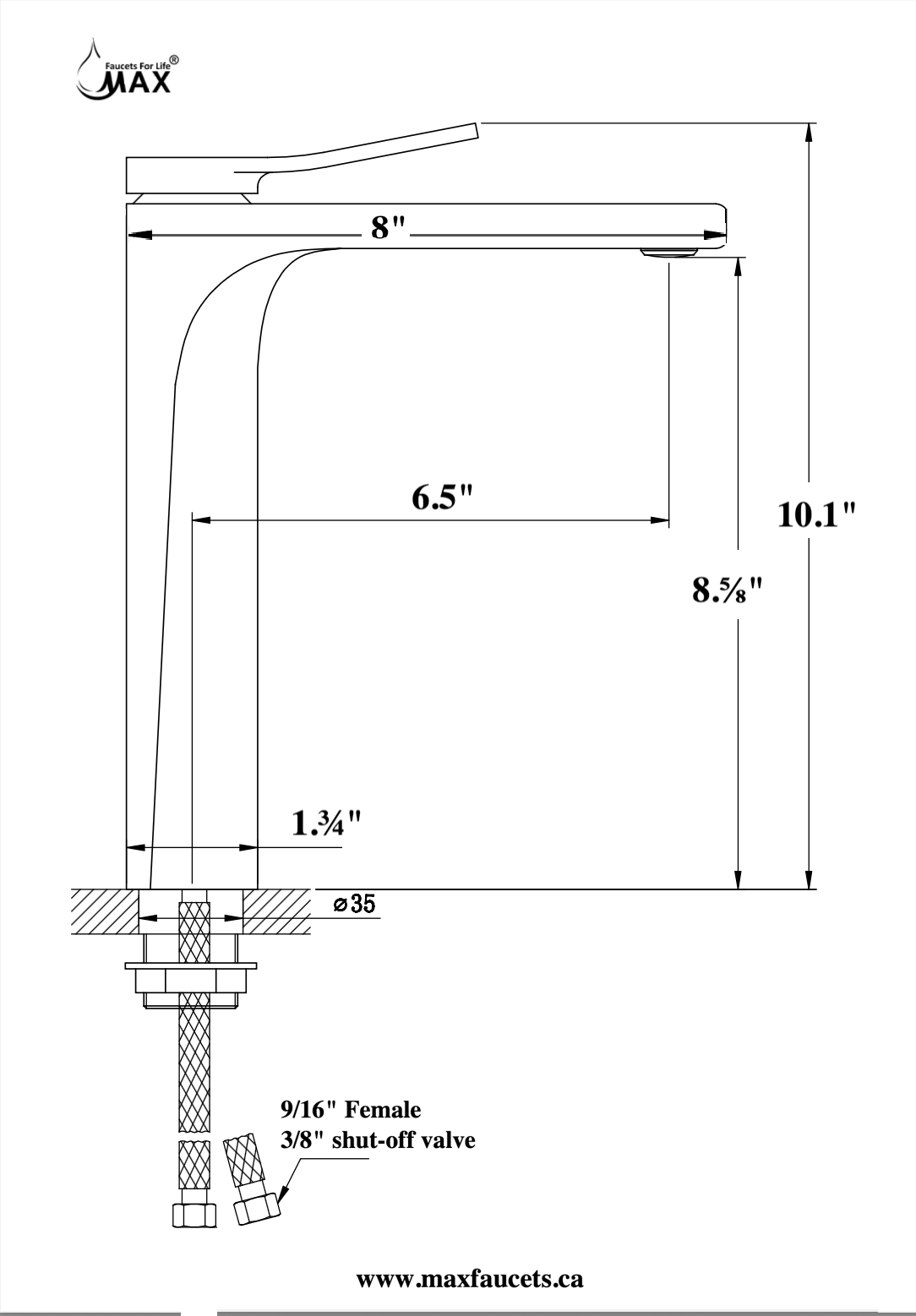 MAX Faucets WM-1916V chrome vessel sink faucet size diagram showing 10.1 inch height and 8 inch spout reach