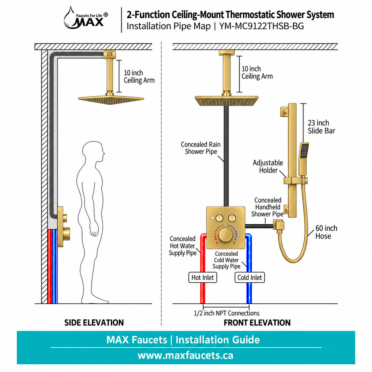 Installation guide diagram for a 2-Function Ceiling-Mount Thermostatic Shower System by Max Faucets, showing side and front elevations with labeled parts such as ceiling arm, rain pipe, handshield pipe, hose, and slide bar.