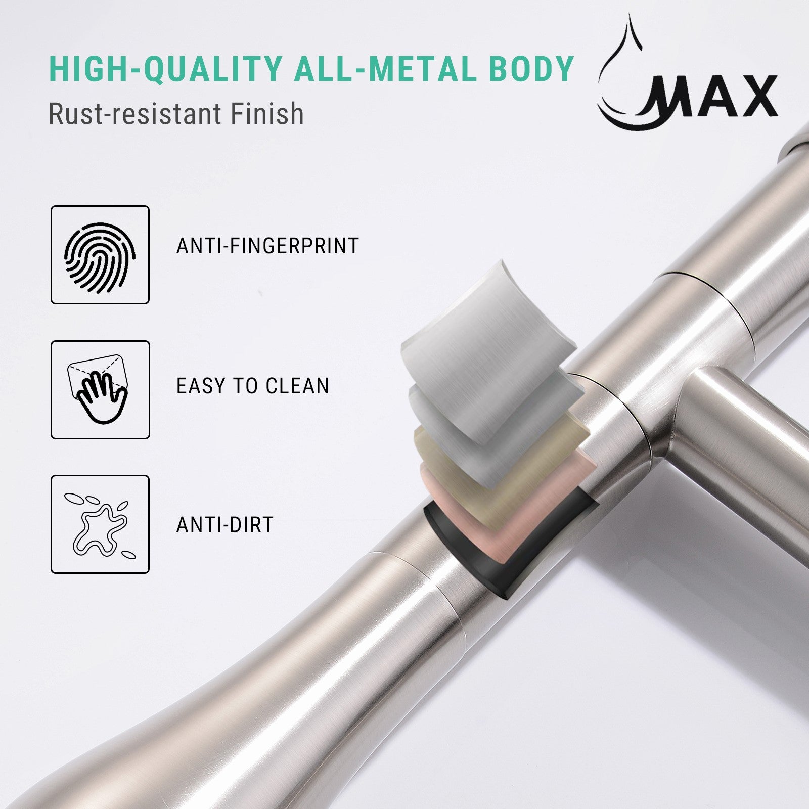 Flexible pull-down hose on MAX brushed nickel chef-style kitchen faucet for full sink reach