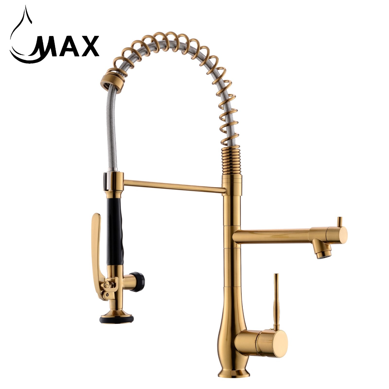 Flexible pull-down hose on brushed gold MAX Faucets pre-rinse kitchen faucet for full sink coverage