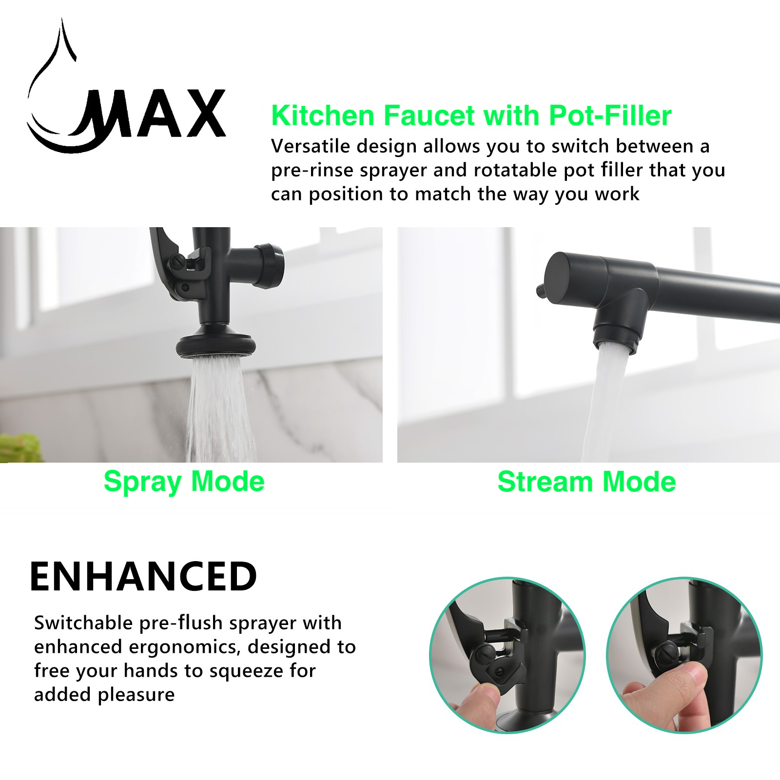 Hand-free ergonomic trigger on matte black pre-rinse sprayer with brushed gold accents