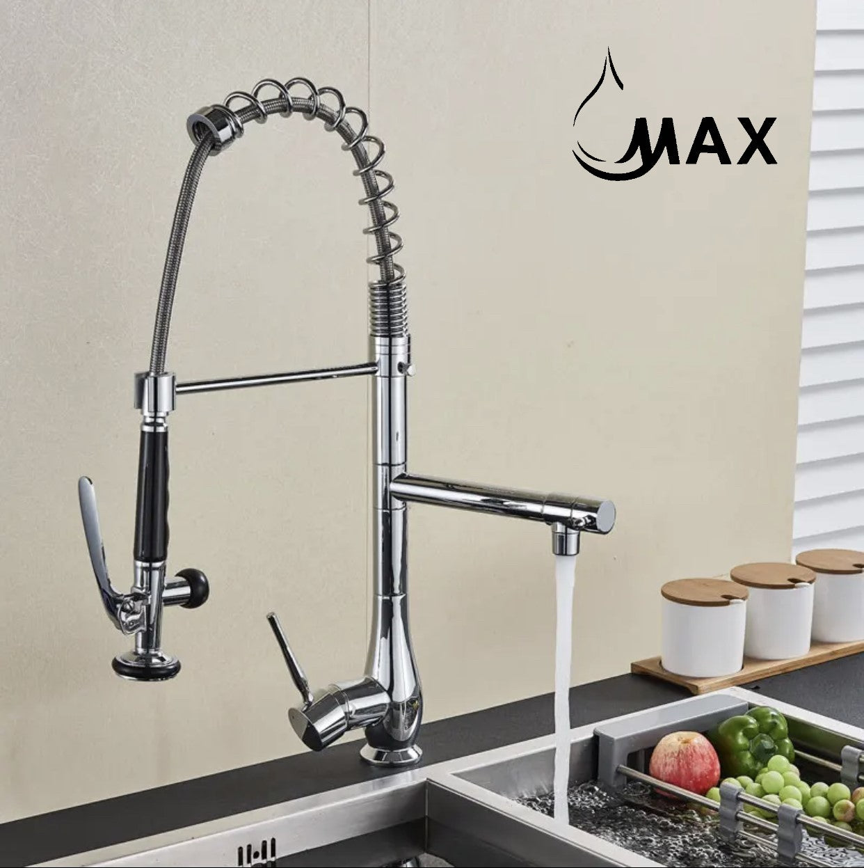 MAX Faucets pre-rinse chef-style kitchen faucet with separate pot filler spout in high-arc commercial design