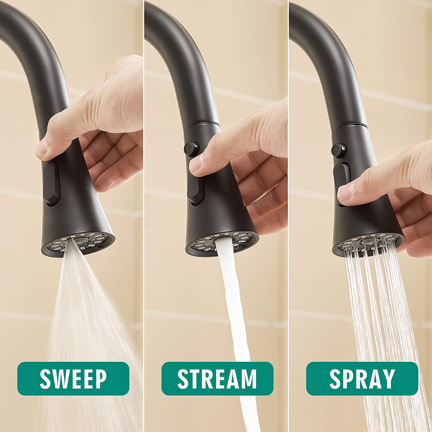 MAX Matte Black Pull-Out Kitchen Faucet 3-Function Nozzle with Spray and Stream Modes