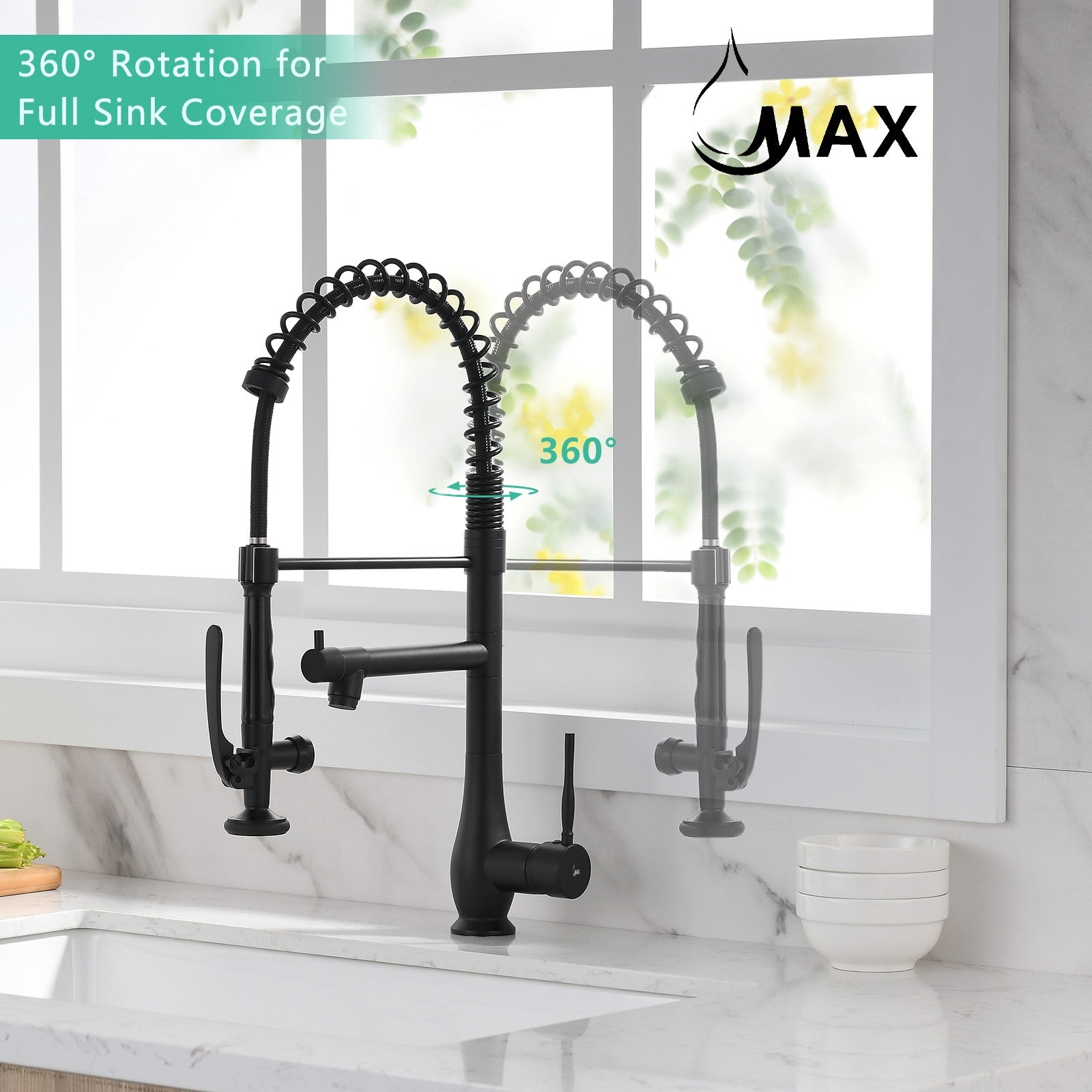 22-inch matte black high-arc pre-rinse kitchen faucet with 360-degree swivel spout