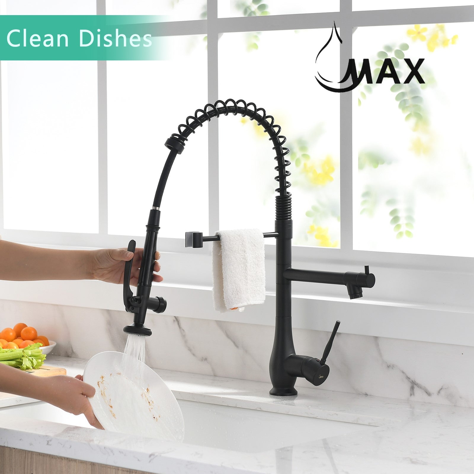 MAX Faucets 22-inch matte black pre-rinse chef-style kitchen faucet with separate pot filler spout