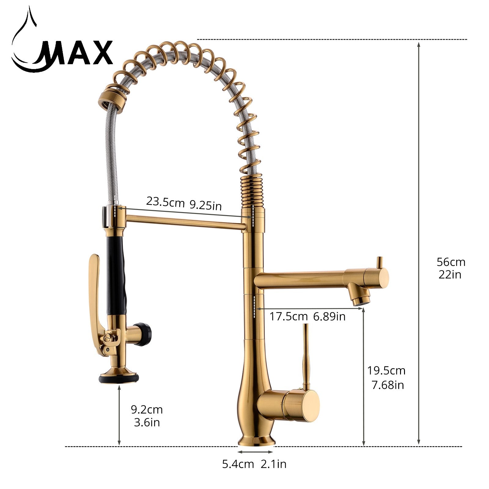 Dimensions diagram of MAX Faucets MB-19266-BG 22-inch brushed gold pre-rinse kitchen faucet