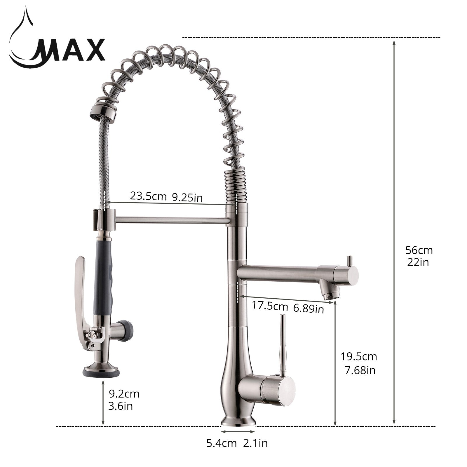 Dimensions diagram of MAX Faucets MB-19266-BN 22-inch pre-rinse chef-style kitchen faucet