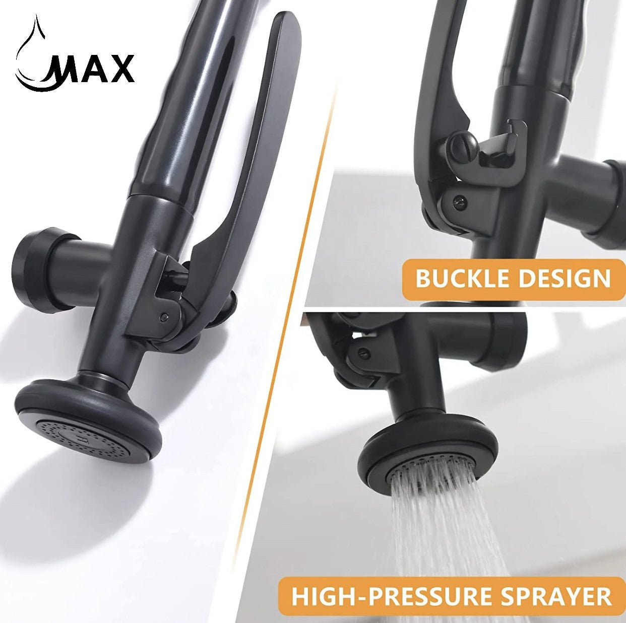 Close-up of MAX Faucets matte black and brushed gold pre-rinse sprayer nozzle in spray mode