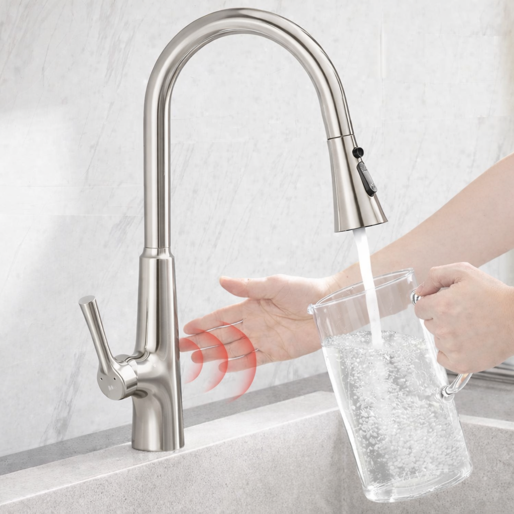 MAX Faucets Brushed Nickel Touchless Kitchen Faucet with Motion Sensor Activation Filling Glass Pitcher