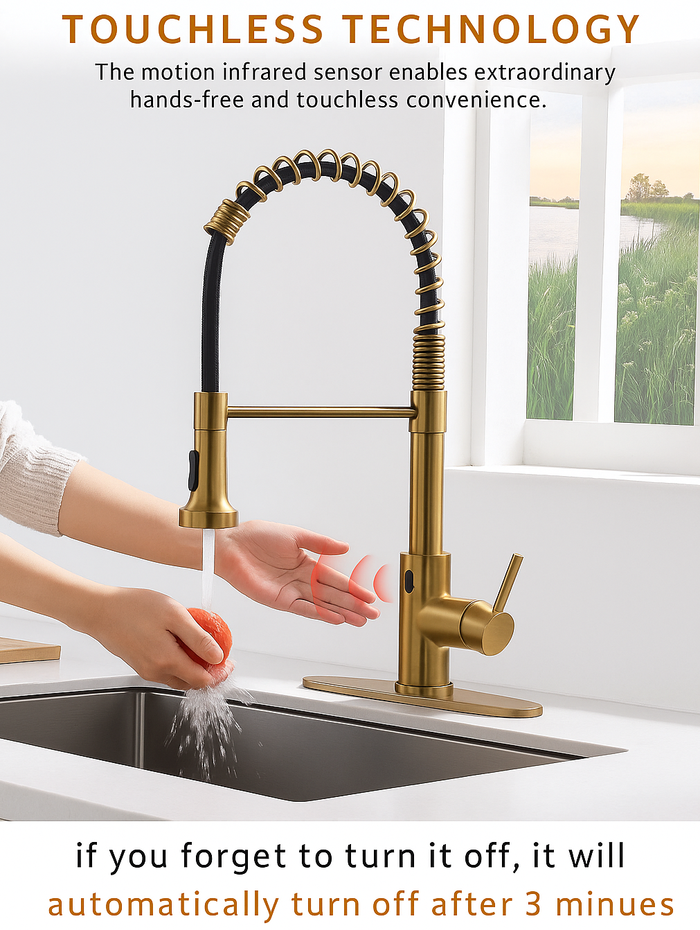 Gold kitchen faucet with motion infrared sensor in a modern kitchen setting
