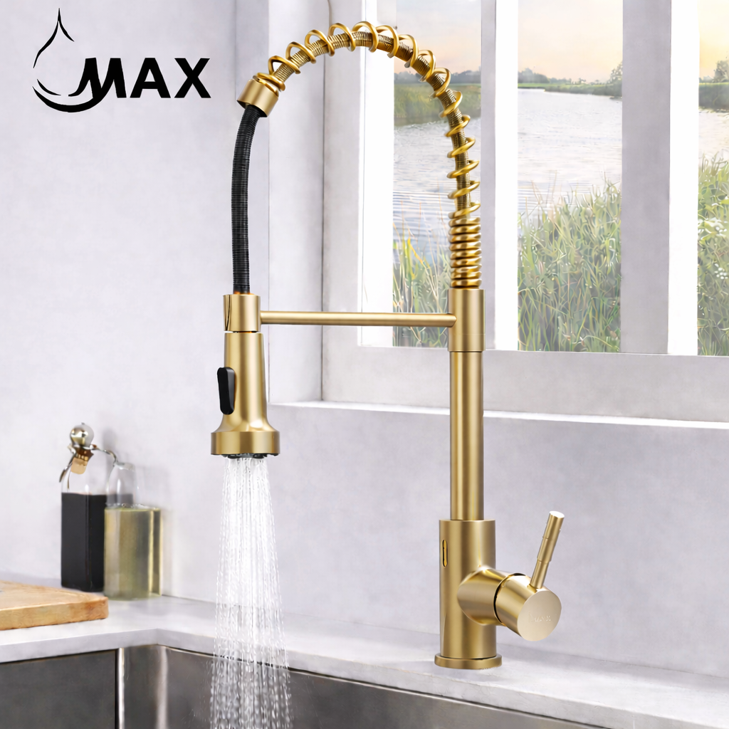 MAX Faucets Touchless Kitchen Faucet in Brushed Gold with 19.5-inch High Arc Spring Spout and Pull-Out Sprayer