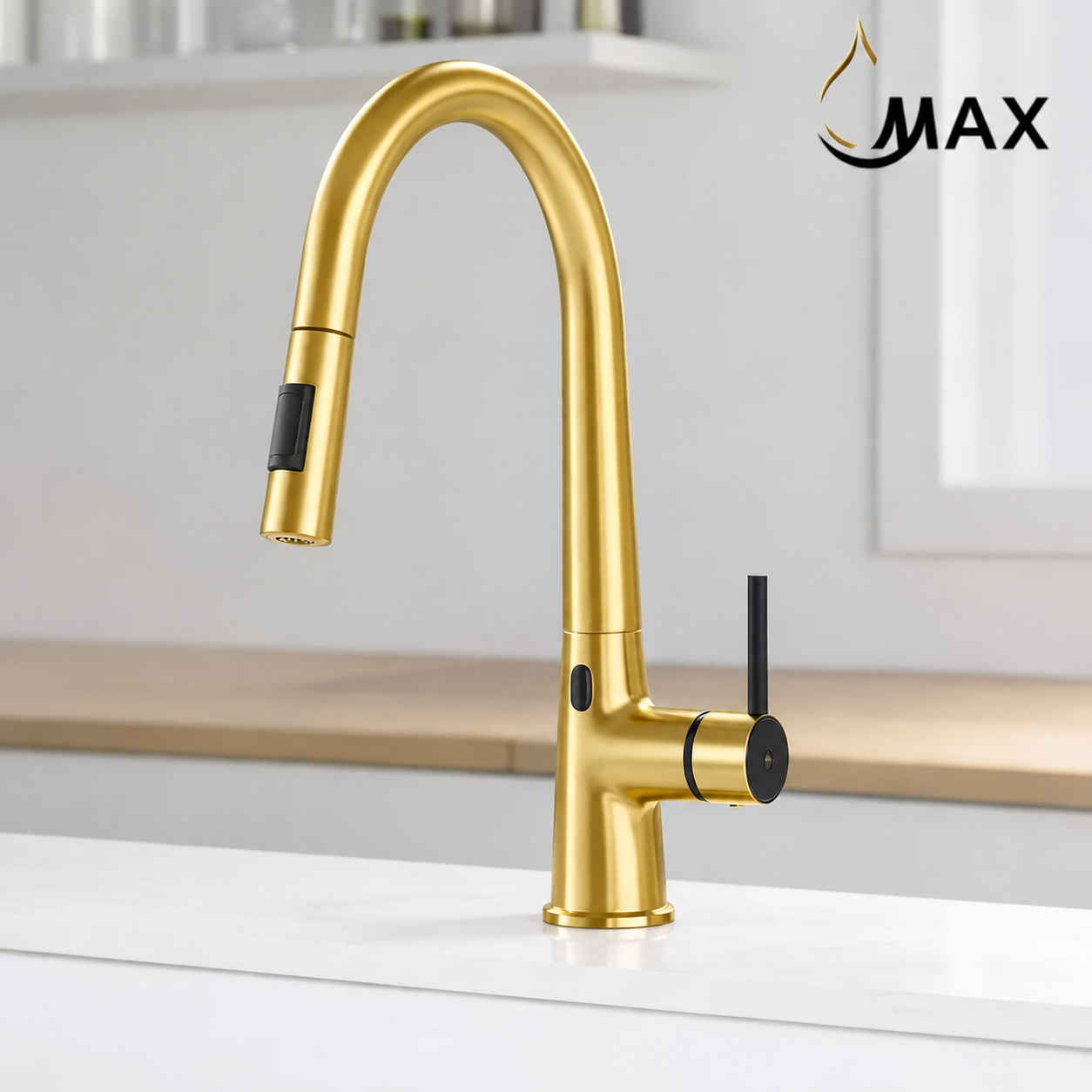 MAX Touchless Kitchen Faucet in Brushed Gold with 16-inch High Arc Spout and Pull-Out Spray