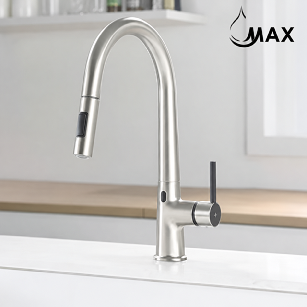 A touchless kitchen faucet with a single handle and pull-out sprayer, shown in a brushed nickel and matte black finish, installed on a kitchen counter BY MAX Faucets 