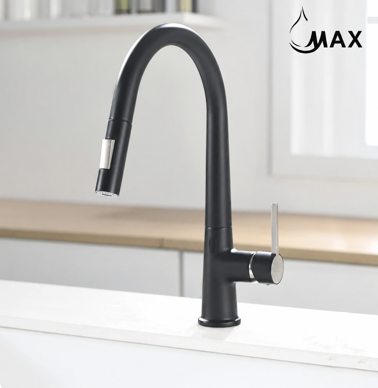 A touchless kitchen faucet with a single handle and a pull-out sprayer, shown in a Matte Black & Brushed Nickel finish, installed on a kitchen counter by MAX Faucets 
