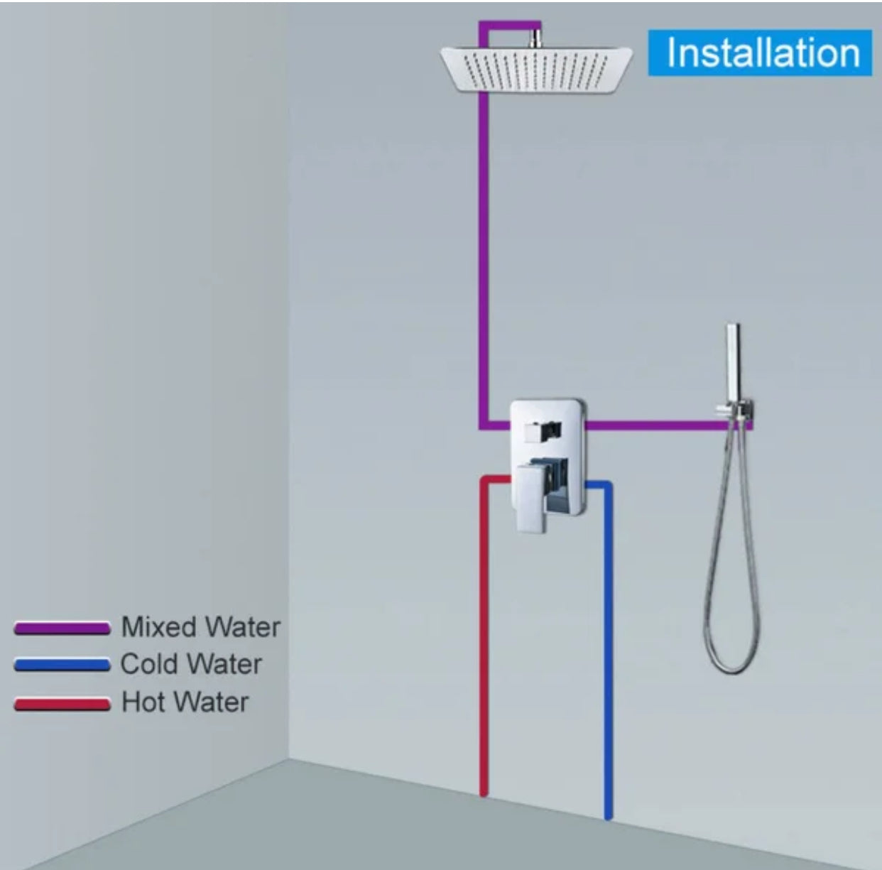 Ceiling Square Shower System Two Functions With Pressure-Balance Valve Chrome Finish