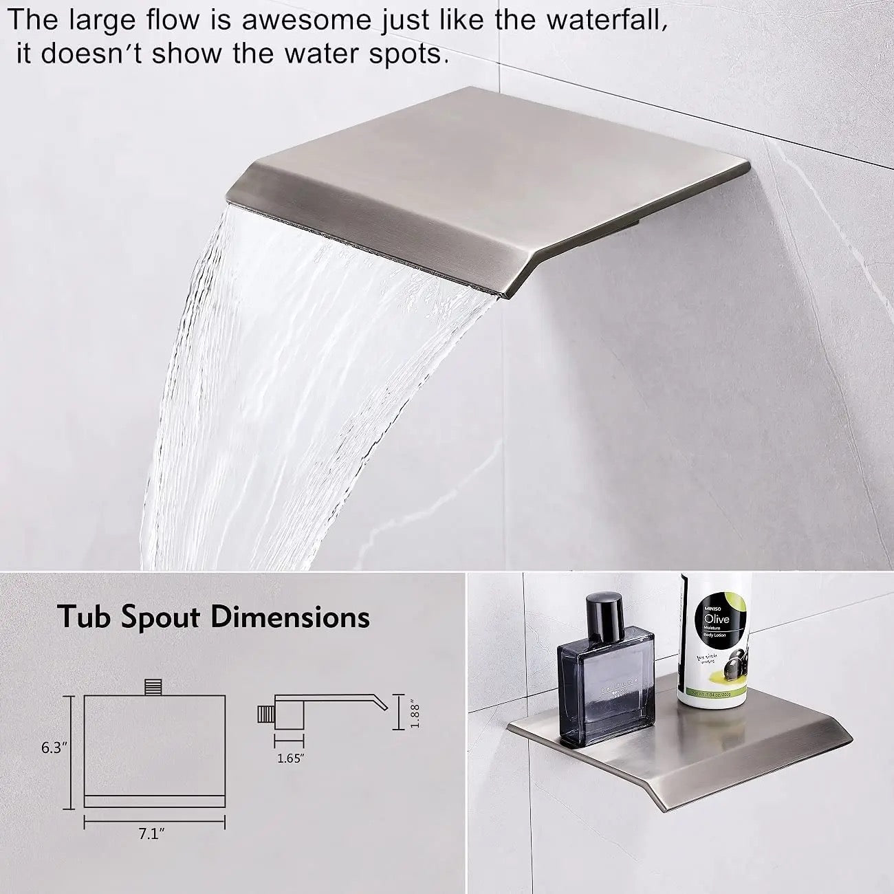 Modern bathroom featuring a brushed nickel waterfall tub filler spout by MAX Faucets