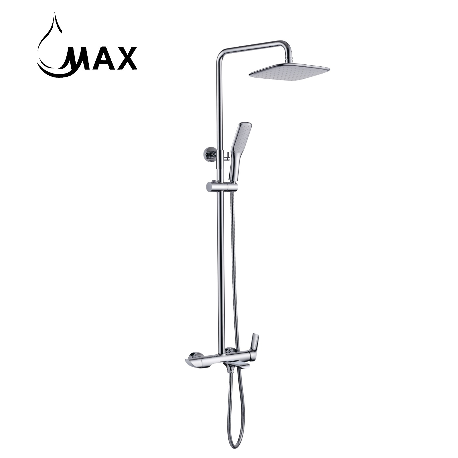 Modern bathroom with chrome rain shower system and handheld shower MAX Faucets Canada