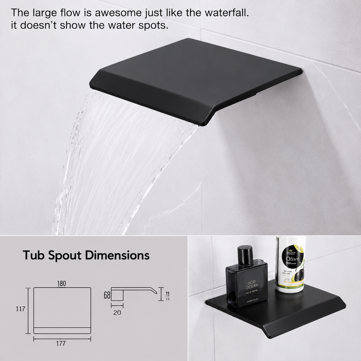 Modern bathroom featuring a matte black waterfall tub filler spout by MAX Faucets