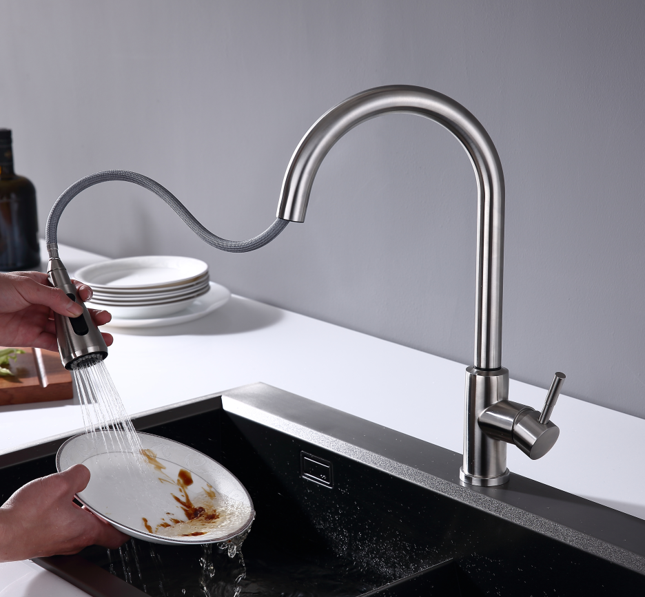 Modern pull-down kitchen faucet in brushed nickel by MAX Faucets® with flexible spray head and sleek design