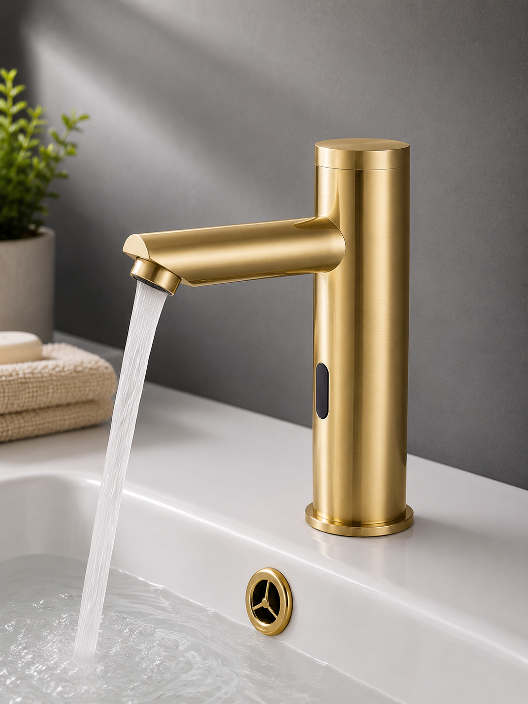 Close-up of motion sensor on MAX Faucets brushed gold bathroom faucet